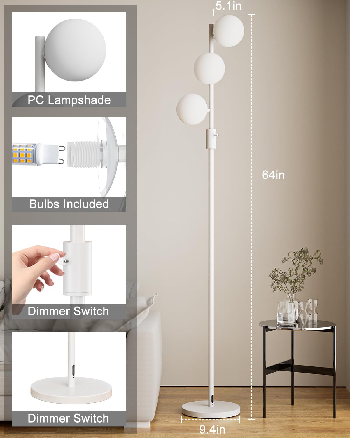 Acohook 64In Dimmable White Floor Lamp, Tall Standing Lamps With 3 Globe Soft Warm White Eye Care 3000K G9 Bulbs, Mid Century Mo
