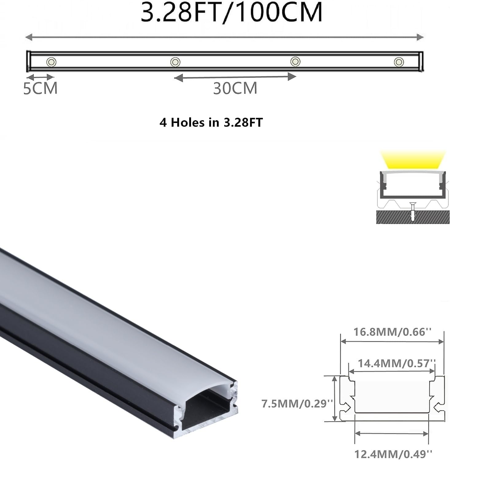 Thmoother 5-Pack 3.28Ft Pre-Drilled Countersunk Hole Led Strip U Channel Diffuser, Matte Black Flush Mounted Under Cabinet Tape Light Aluminum Low Profile With Milky Cover (5, 3.28Ft)