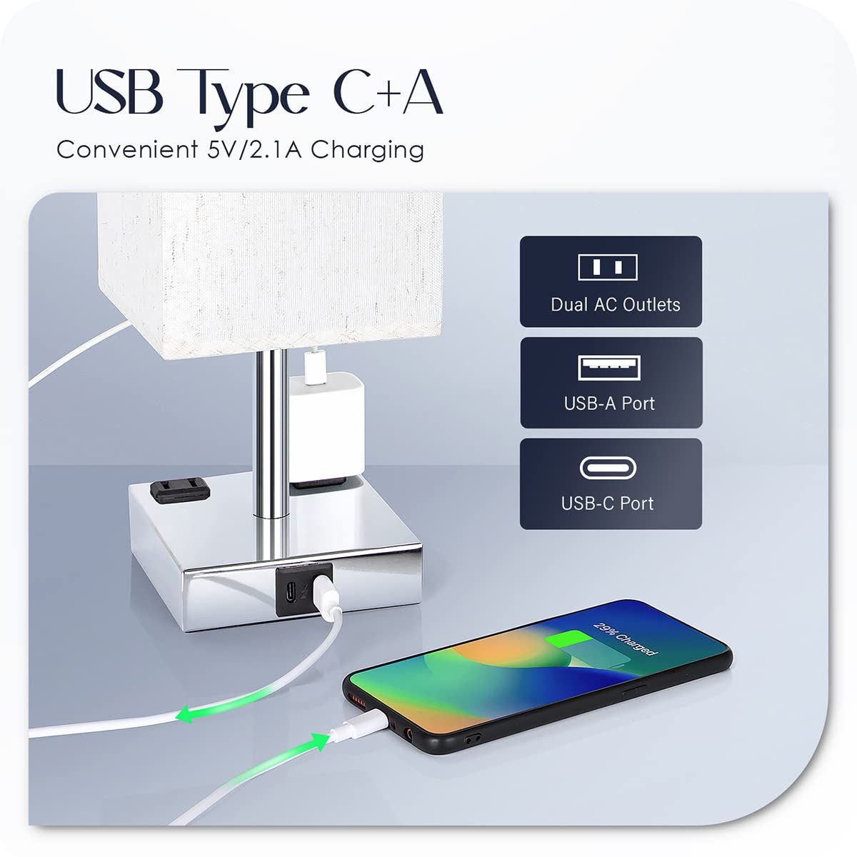 Soilsiu Bedside Lamp - Touch Control Table Lamp with USB C+A Ports, 3-Way Dimmable, 4.3in Width, Chrome - Flaxen, Model TD