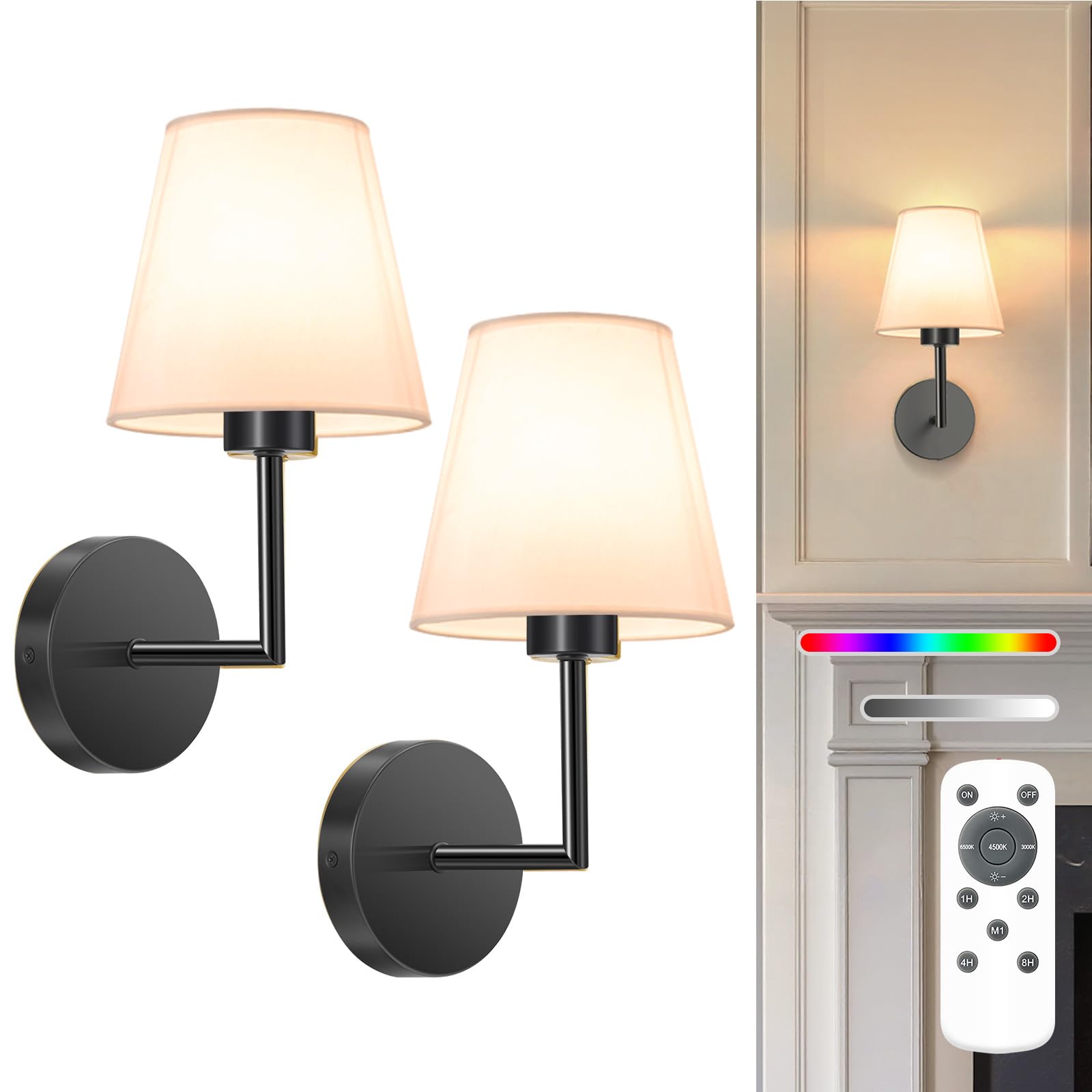 NIORSUN Wall Sconce Set of 2, 13.8 inch Battery Operated, Black Metal, Dimmable Detachable Bulbs, Model SW022