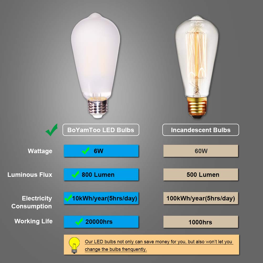Boyamtoo Led Bulbs St64 6W Equivalent 60W 2700K Warm White Vintage Led Light Bulbs 800Lm Dimmable Brightness With E26 Base And Frosted Glass Cover, Pack Of 3 (2700K, 6W)