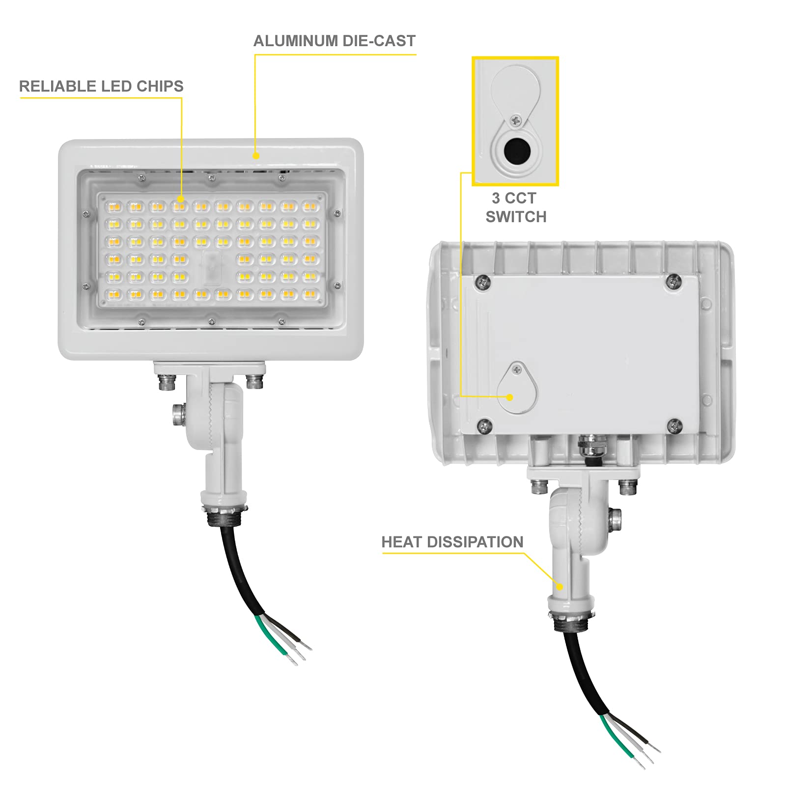 Nuwatt 50W Led Flood Light, 3Cct 3000K/4000K/5000K Selectable, Ip65 Waterproof Lighting, Adjustable Knuckle Mount, 7050Lm, 0-10V Dimmable, 120-277V, Outdoor Security Floodlight For Yard, White, Ul