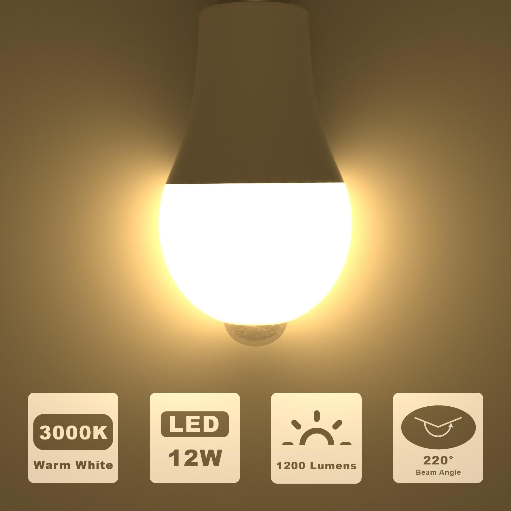 Oraluce Motion Sensor Light Bulbs Indoor Outdoor 100 Watt Equivalent, 12W Motion Activated Light Bulb 3000K Warm White, A19 E26