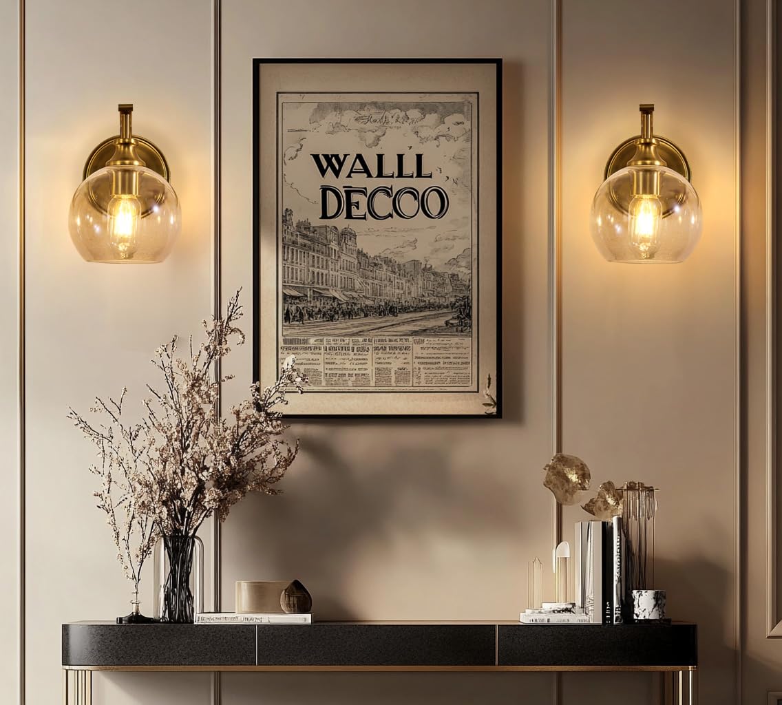 ANDY STAR Brushed Gold Bathroom Light Fixture, 1-Light Wall Sconce with Clear Globe Shade, Metal Vanity Lighting for Home