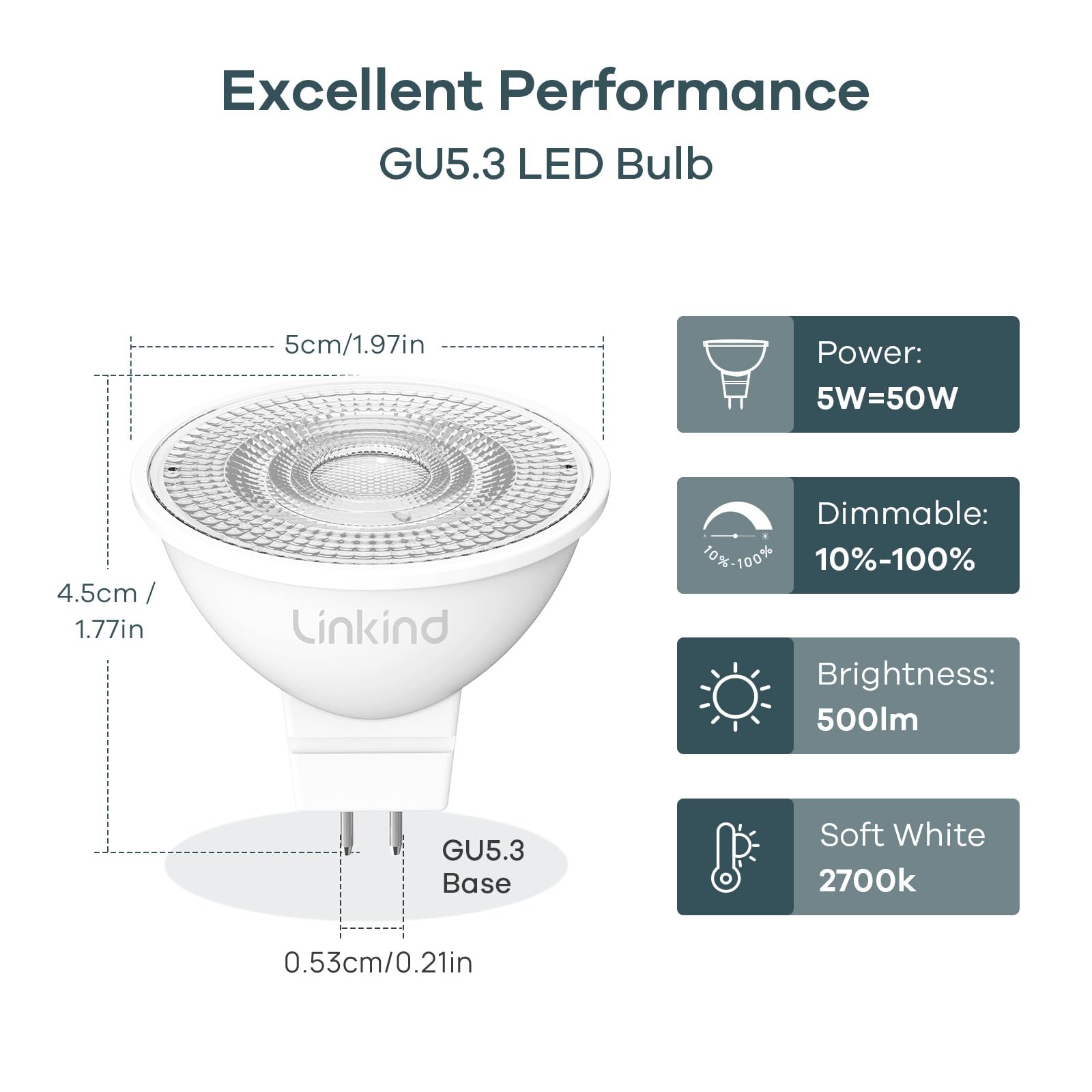 Linkind Dimmable Mr16 Led Bulbs  50W Equivalent Gu5.3 Bi-Pin Base Mr16 Bulbs  12V Low Voltage 5W 2700K Soft White 500Lm 40?Beam Angle For Spotlights  Recessed  Tracking  Landscape Lighting  6 Packs