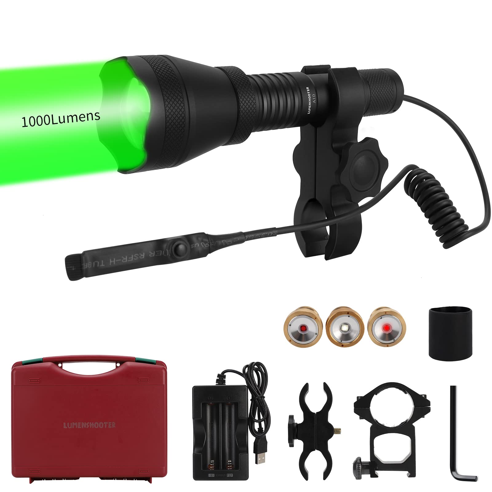 LUMENSHOOTER A10 Ultimate 1000 Lumens Green Hunting Light Flashlight with Rubber Halo Shield  Red White 850nm Infrared IR Torch  Long Range Zoomable Scope Light for Predator  Coyote  Varmint  Hog
