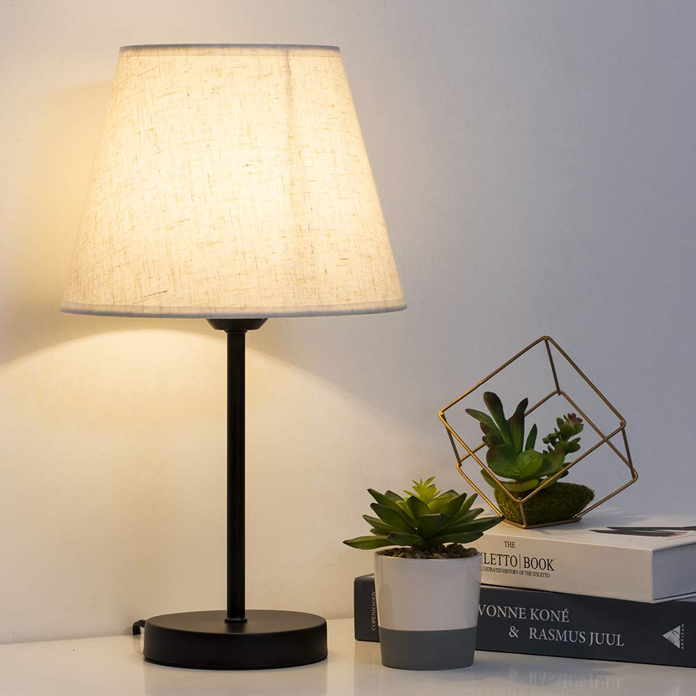 HAITRAL Bedside Table Lamps Set of 2 - Fabric Shade, 15 Inches, Black, Model HT-TH28-27X2, Ideal for Bedroom, Living Room, Office