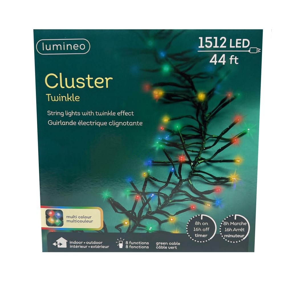 Lumineo LED Multi-Colored Christmas Cluster Lights Set, 44.5ft Green Wire, Model 780093, Metal/Plastic