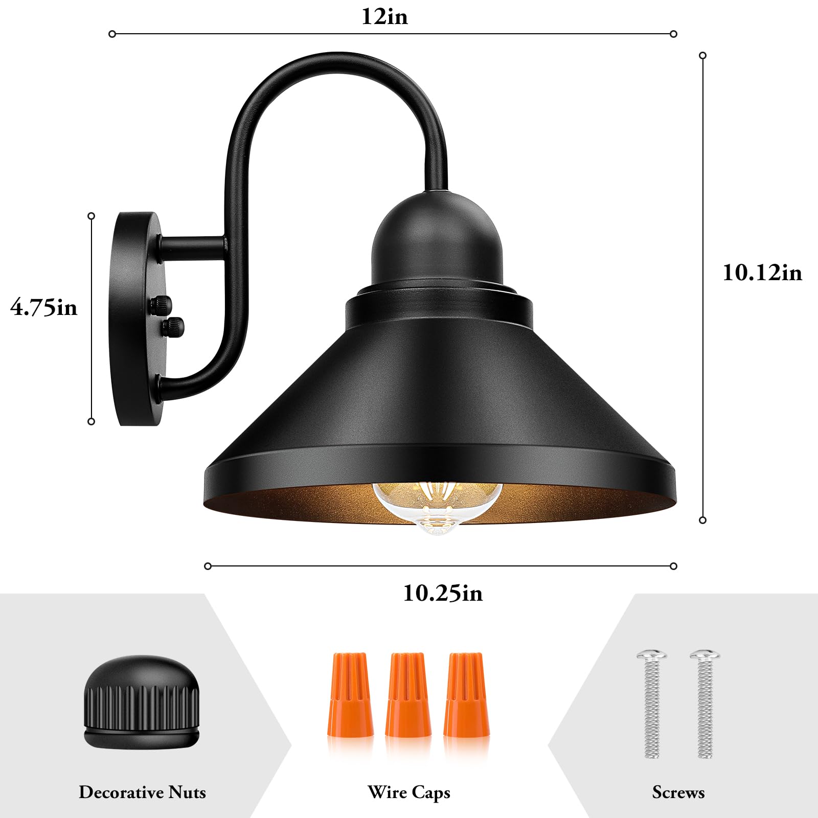 Brightever Gooseneck Wall Sconces, 2-Pack, 10.23IN Metal Barn Lights, Black, Model B10027P