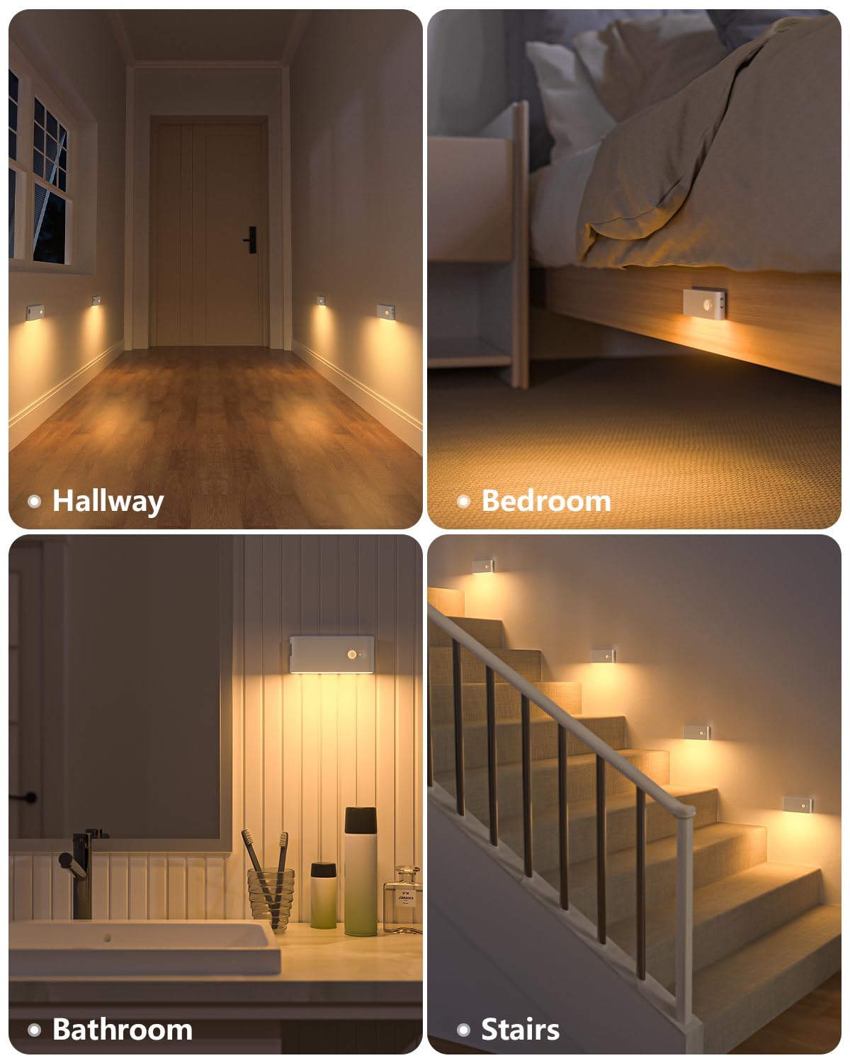 WILLED Motion Sensor Night Light - Rechargeable 6 Pack, Warm White Battery Operated for Indoor Use, Ideal for Hallway, Stairway, and Bathroom