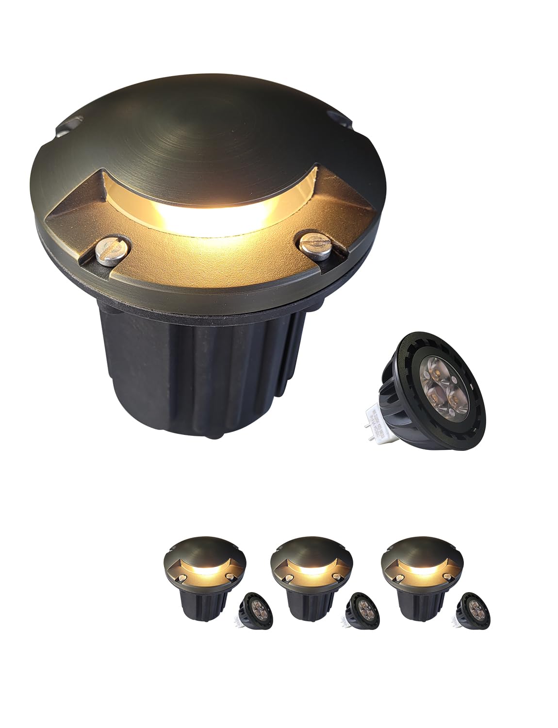 Malory Brass Top Cover Landscape Well Lights (5H) 12V Low Voltage Outdoor In Ground Lights Landscape Lighting For Pathway  Driveway And Garden (One-Direction Turret  4-Pack With Bulb)