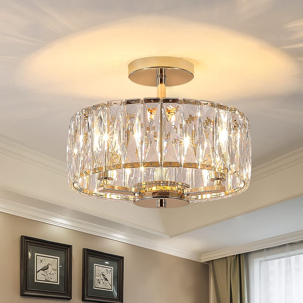 Gopmmy K9 Crystal Gold Chandelier Ceiling Lighting  3-Lights Modern Mini Crystal Semi Flush Mount Pendant Lamp Fixture with E12 Bulb Base for Living Room Hallway Dining Room Bedroom (H10.4 x D12.5)
