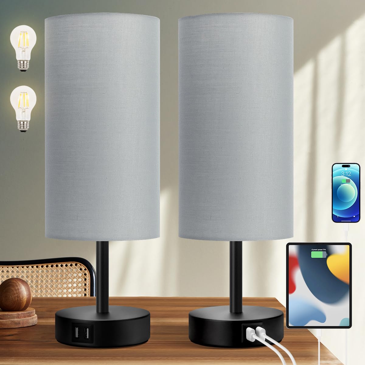 Yarra-Decor Touch Control Table Lamp Set of 2 - 3 Way Dimmable, Grey Fabric Shade, USB Port, Model Y-2 Grey
