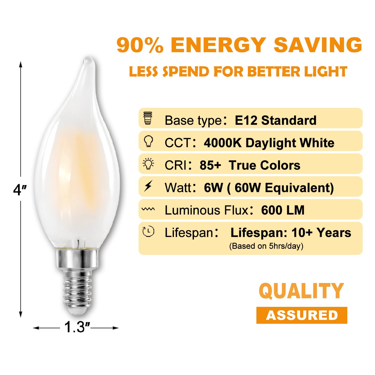 Decoaui E12 Led Chandelier Light Bulbs, 6W(60W Equivalent) Dimmable C11 Frosted Glass, 600 Lumens, 4000K Daylight White, Candle