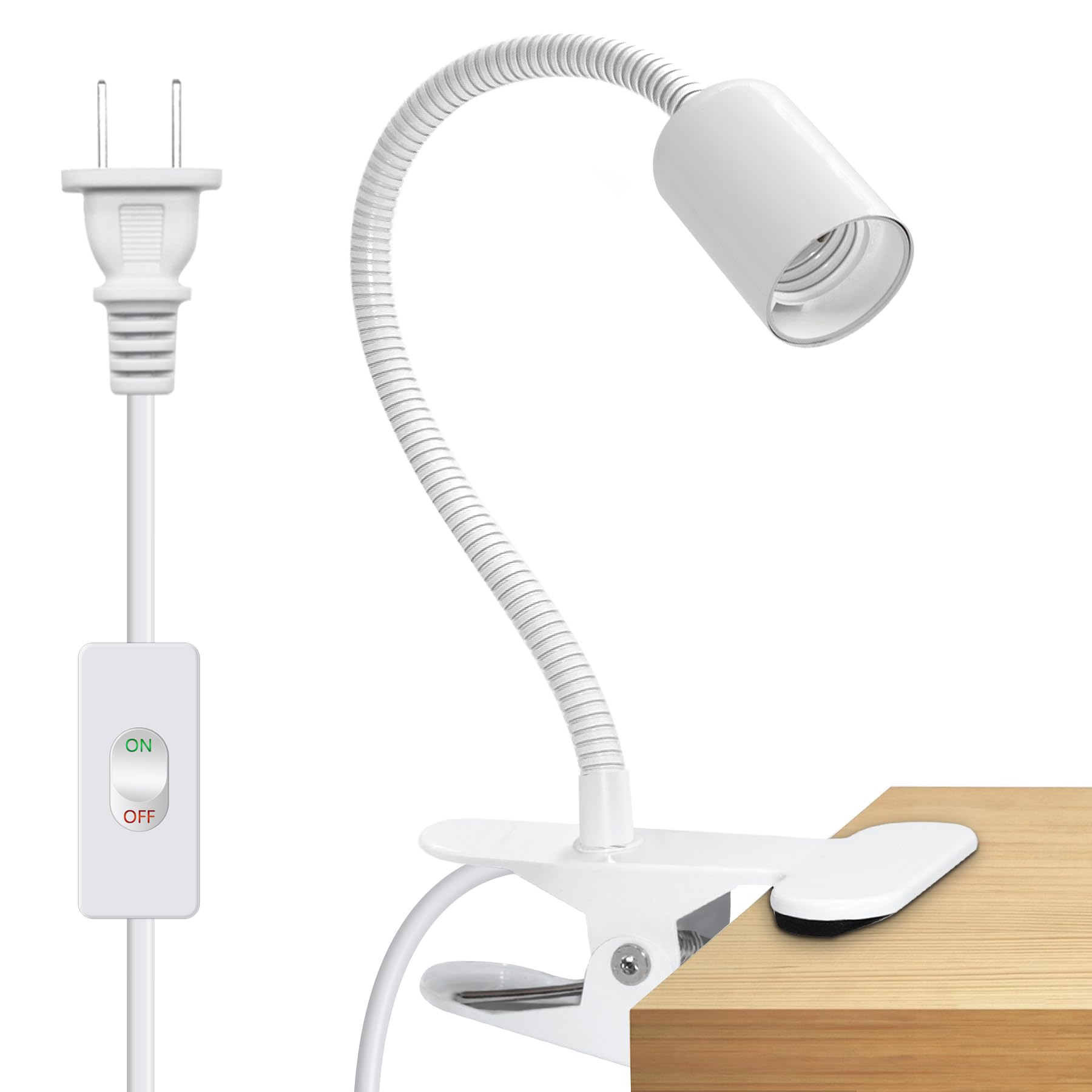 White Clip-on Desk Lamp with 220 CM Cable, Metal Clip, 9-350 MM Gooseneck, E27 Holder, for Home Office