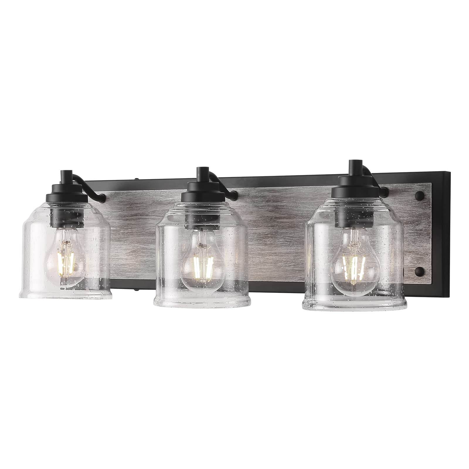 23" Large Farmhouse Bathroom Vanity Light,Handmade Grey Wood Vanity Light With Bubble Glass Shades,3-Light Rustic Wall Sconce Lighting Fixtures Over Mirror, Bd005-3-Bk