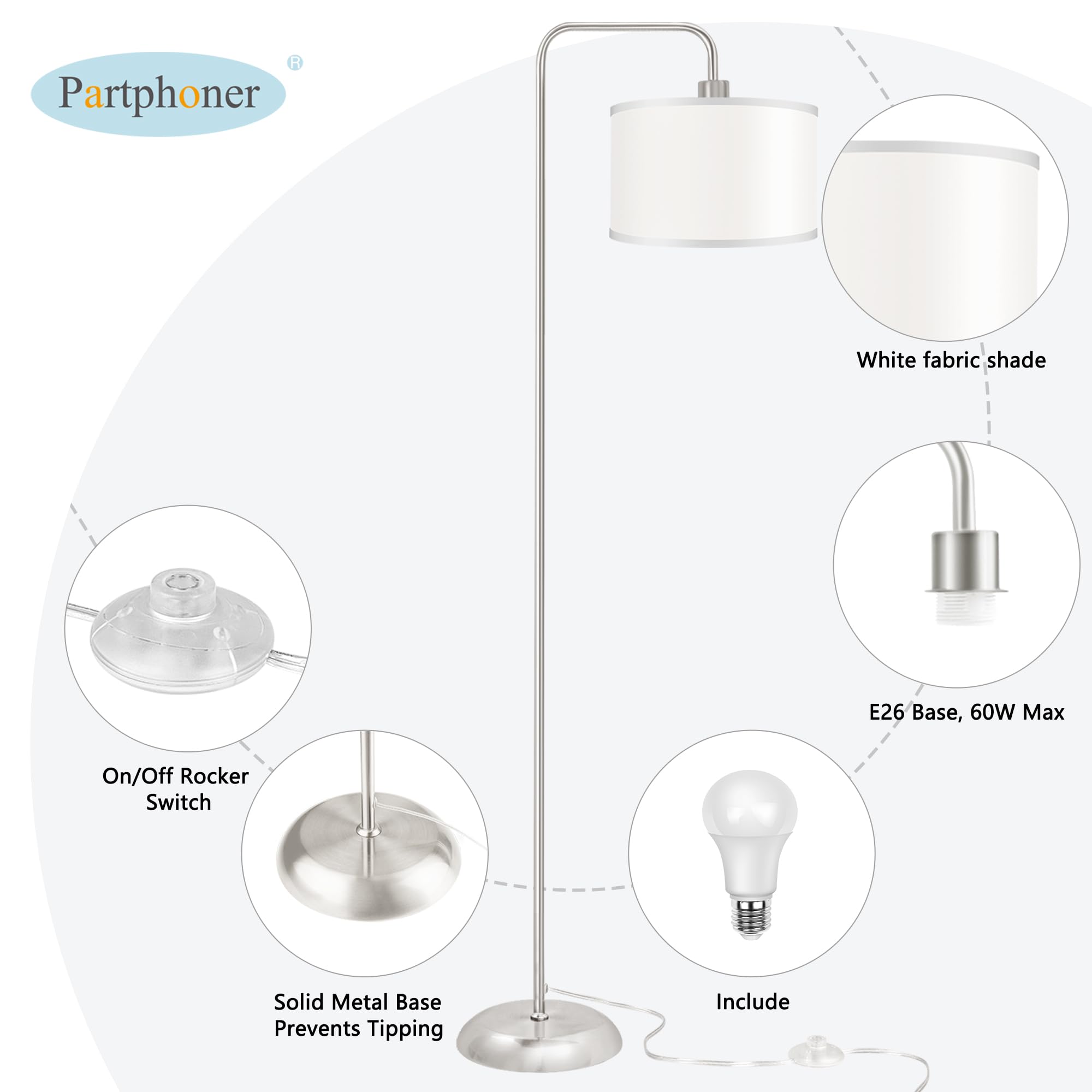 Partphoner Led Floor Lamp - 3 Color Temperatures, Modern Silver Standing Lamp With Foot Switch
