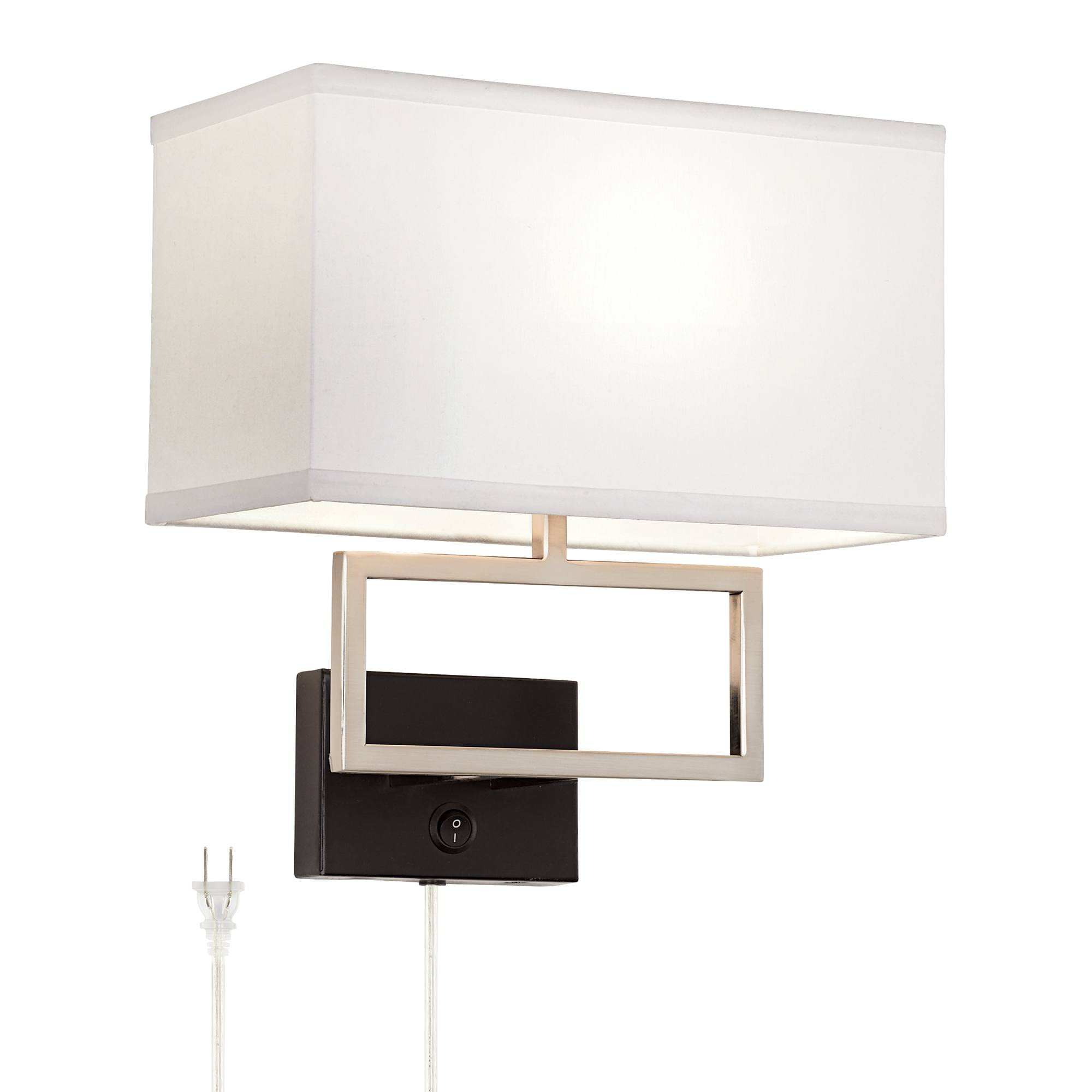 Possini Euro Design Trixie Modern Wall Lamp, Brushed Nickel, Rectangular Fabric Shade, Plug-in Light Fixture, Model Everenty