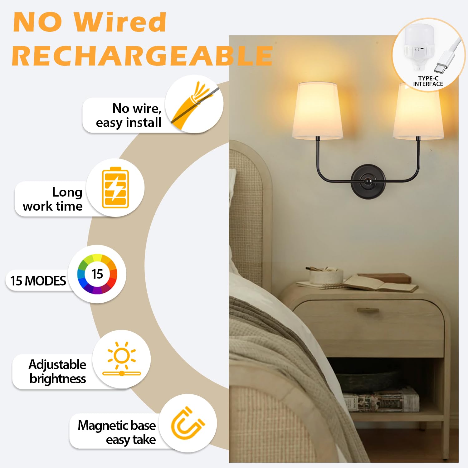 PASSICA DECOR Double-Headed Wall Sconce, Rechargeable, Remote Controlled, Dimmable, Metal, Battery Operated-Black, Model U701-01-DP