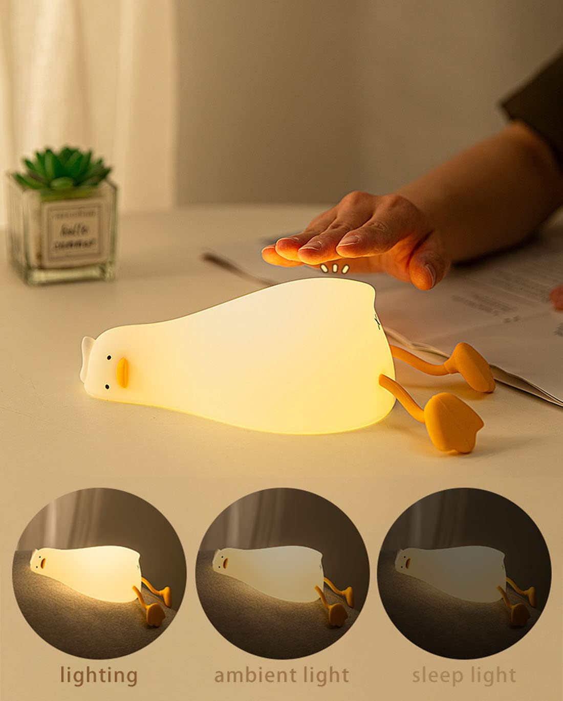 Happybag Led Lying Flat Duck Night Light, 3 Level Dimmable Nursery Nightlight,Cute Lamps Silicone Squishy Light Up Duck,Rechargeable Bedside Touch Lamp For Breastfeeding Toddler Baby Kids Decor