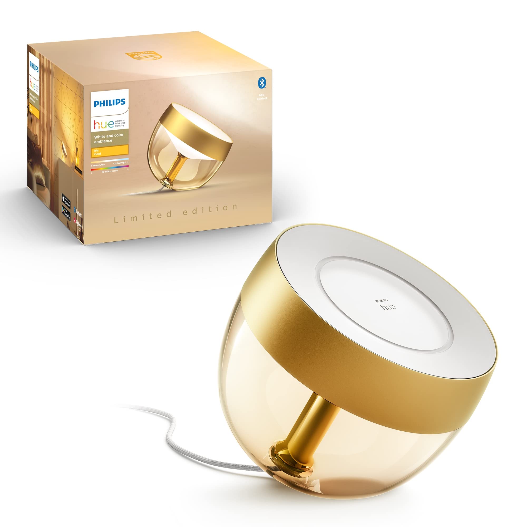 Philips Hue White and Color Iris Smart Lamp, Dimmable, Bluetooth, 1 Count, Gold, Model 577114