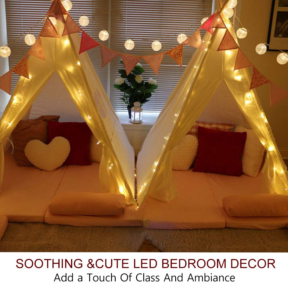 Bright Zeal 20' Long 30 Led Lanterns String Lights Battery Powered - Indoor Outdoor 3" White Silk-Like Cloth Round Mini Lantern String Lights For Yard Bedroom Wedding