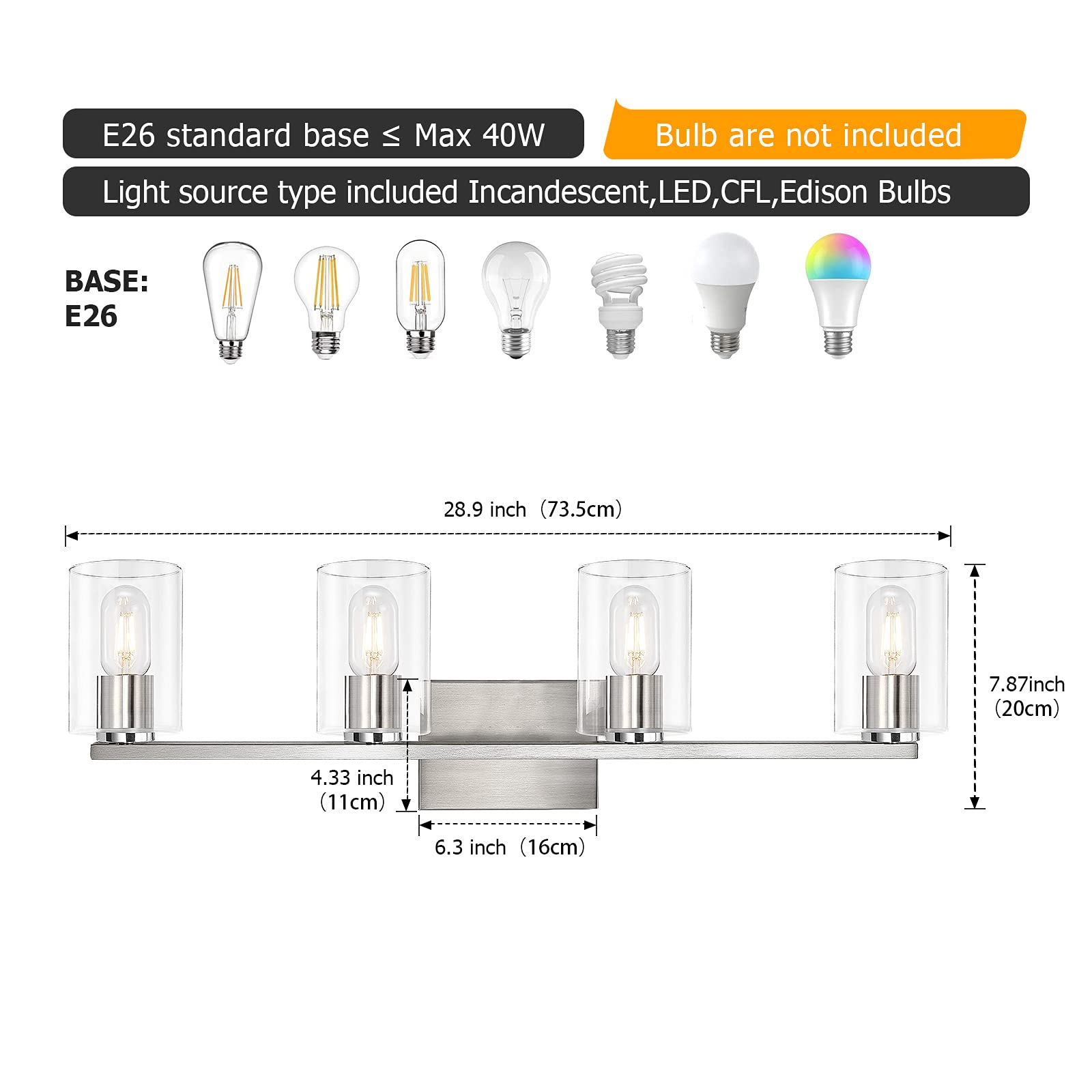 Drnanlit Brushed Nickel 4-Light Bathroom Vanity Light Fixture With Clear Glass Shades
