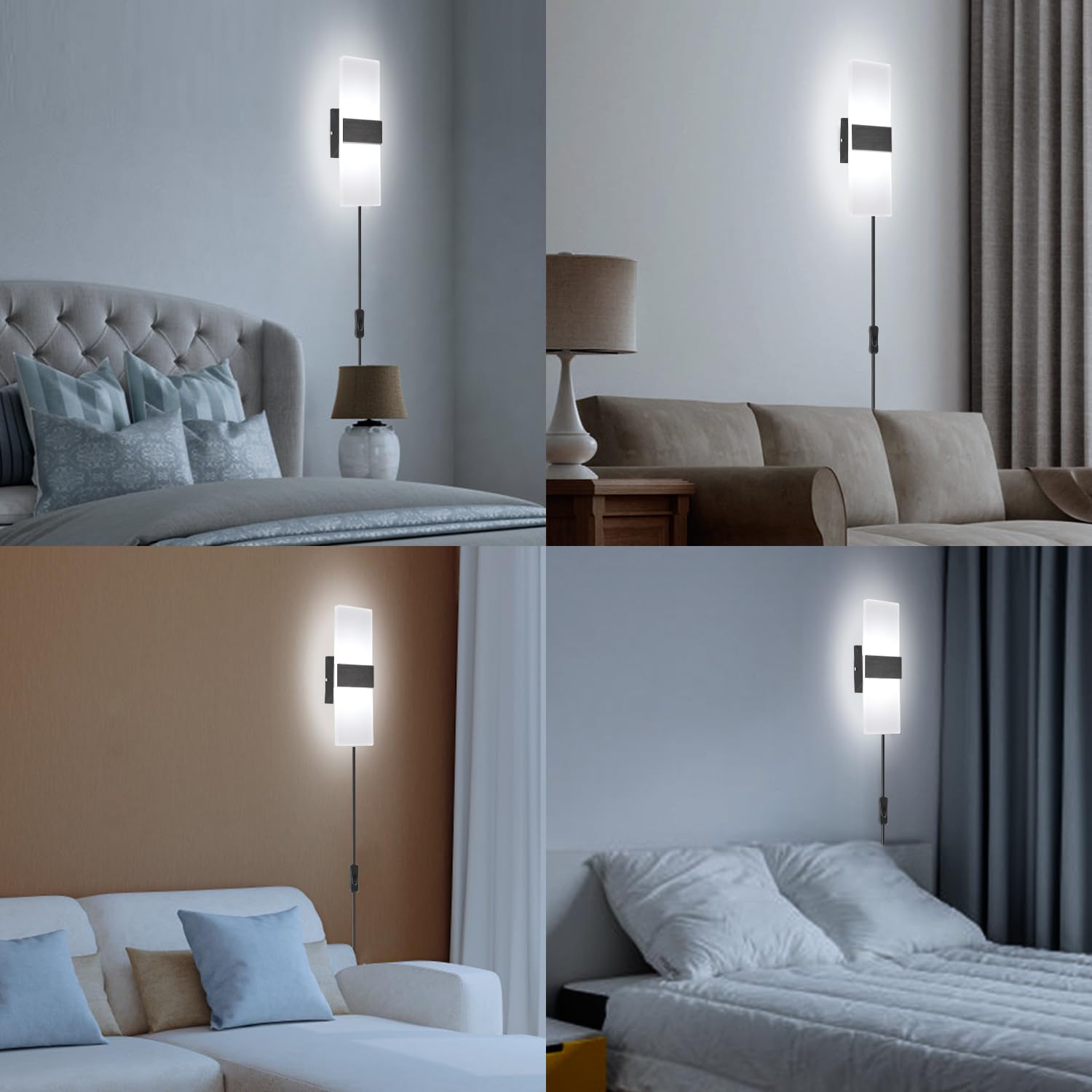 TRLIFE Wall Sconce, 12W LED 6000K Cool White, Aluminum, Plug-in with 6FT Cord, On/Off Switch, 1 Pack, Black