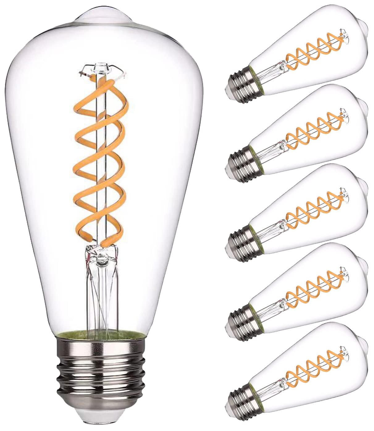 Kiraralite 6 Pack ST19 ST58 Edison Bulb, Vintage LED Filament Bulb,Softy White 2700K, Antique Flexible Spiral LED Filament Light