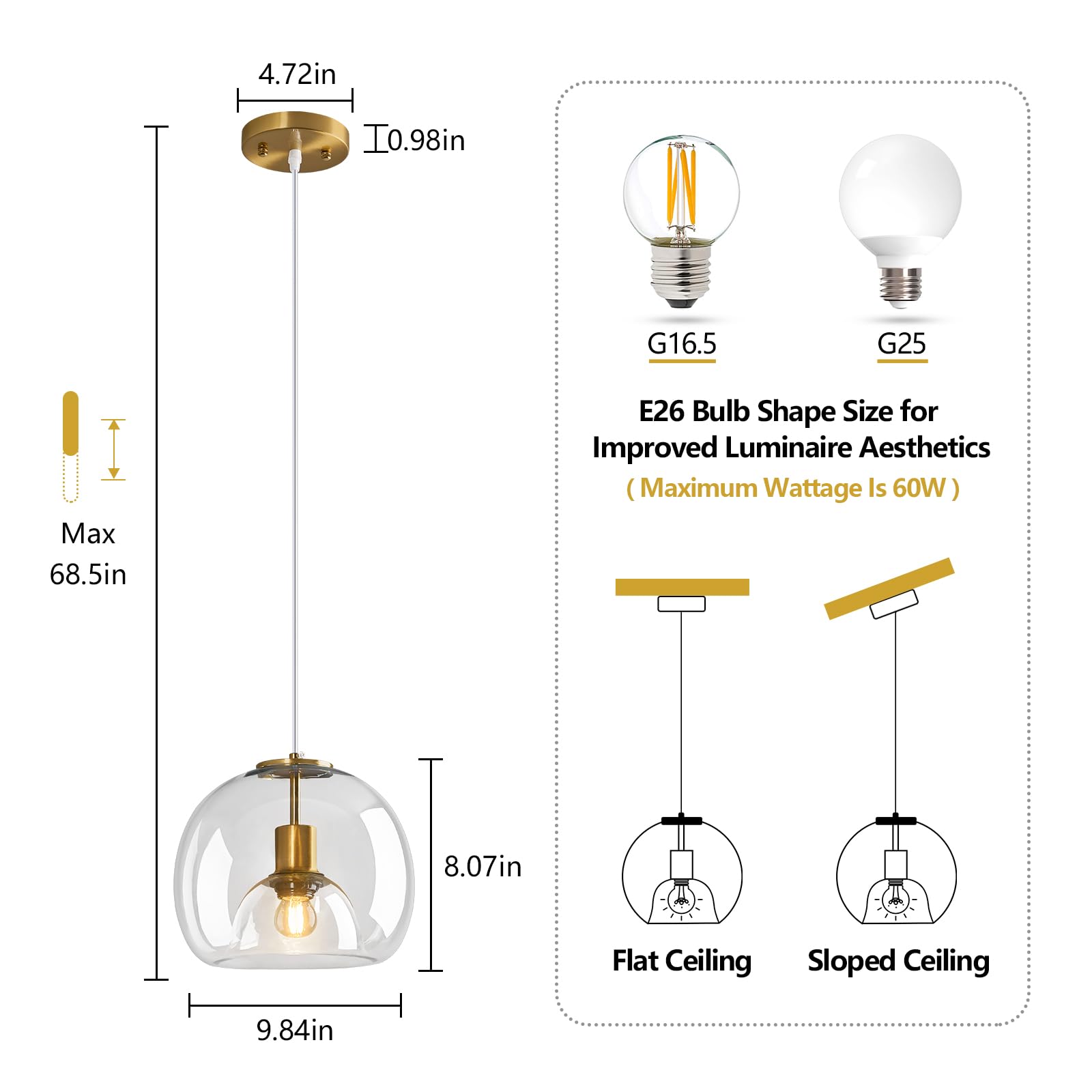 LBSQJ Clear Glass Pendant Light Fixture - Modern Globe Design, 9.84 in, Gold Accent, Ideal for Kitchen Island, Bedroom, Dining Room