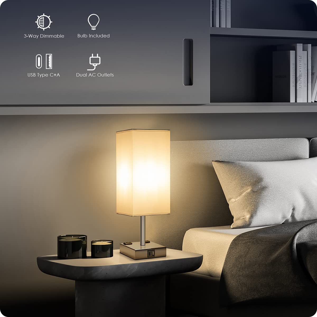 Soilsiu Bedside Lamp - Touch Control, USB C+A Ports, 3 Way Dimmable, 4.3in Width, Chrome - White, Model TD-018S, LED