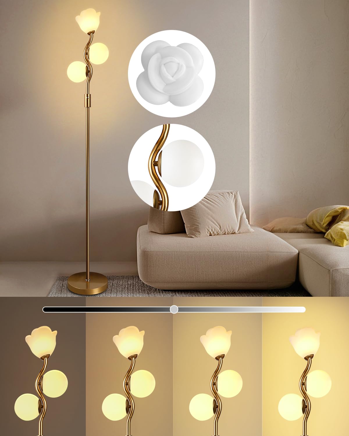Lightdot 65IN Dimmable Gold Floor Lamp for Living Room, Mid Century Modern Tall Standing Lamps with 1 Flower & 2Globe Lampshades