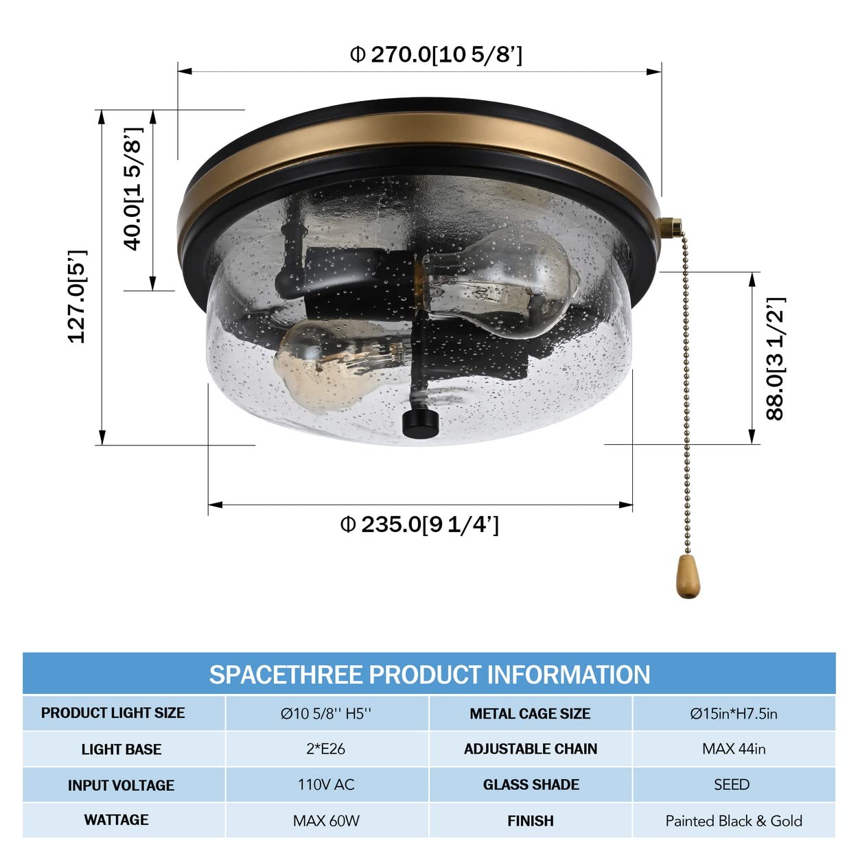 SPACETHREE Industrial Farmhouse Flush Mount Ceiling Light 2-Light Matte Black 11in with Seeded Glass, Model CL2201-270EG