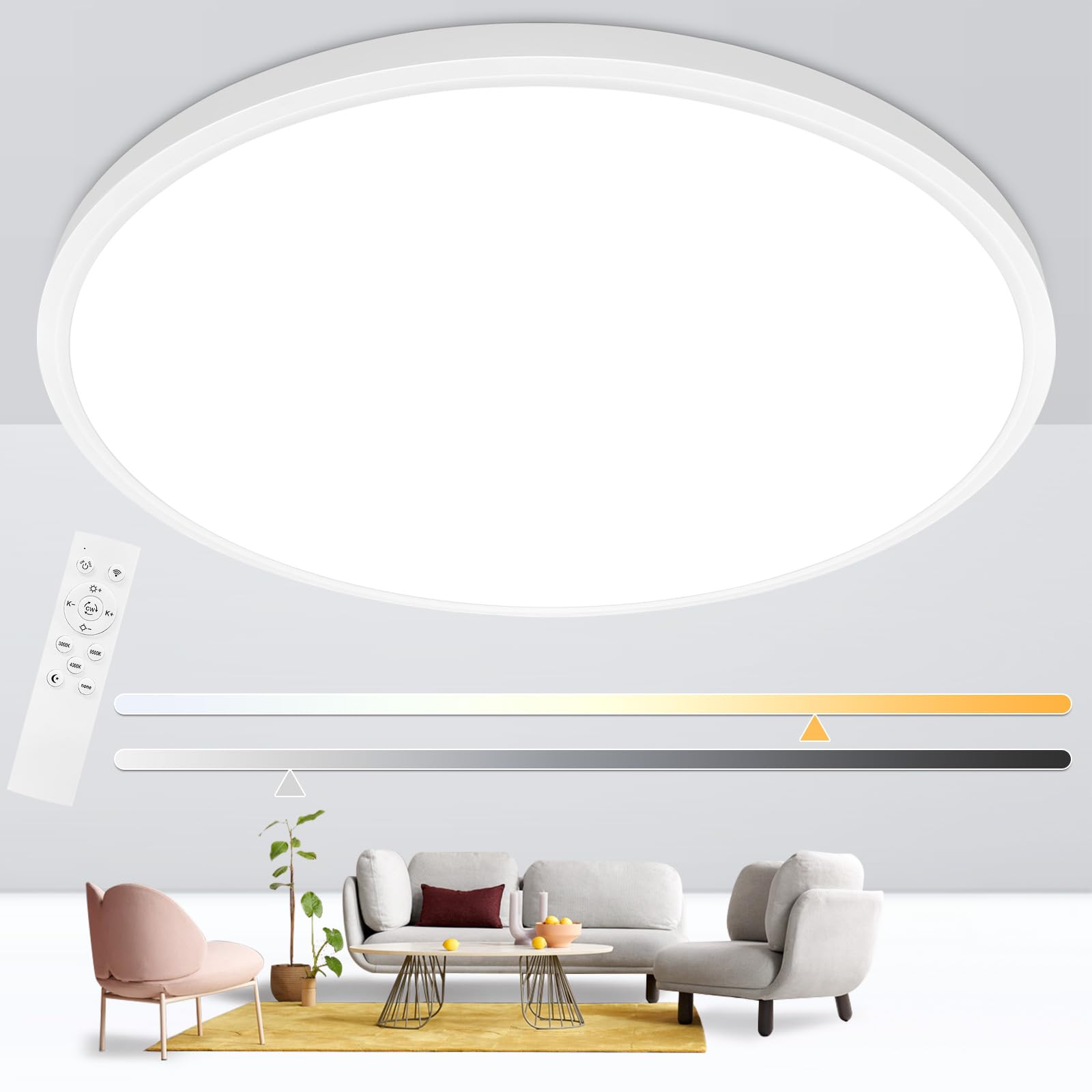 Glowall 24 Inch Round Led Ceiling Light Fixture, Ultra Thin Flush Mount, Dimmable With Remote Control, 56W, 5600 Lumen, Modern, White, For Kitchen, Dining Room, Bedroom, Living Room, Home Office