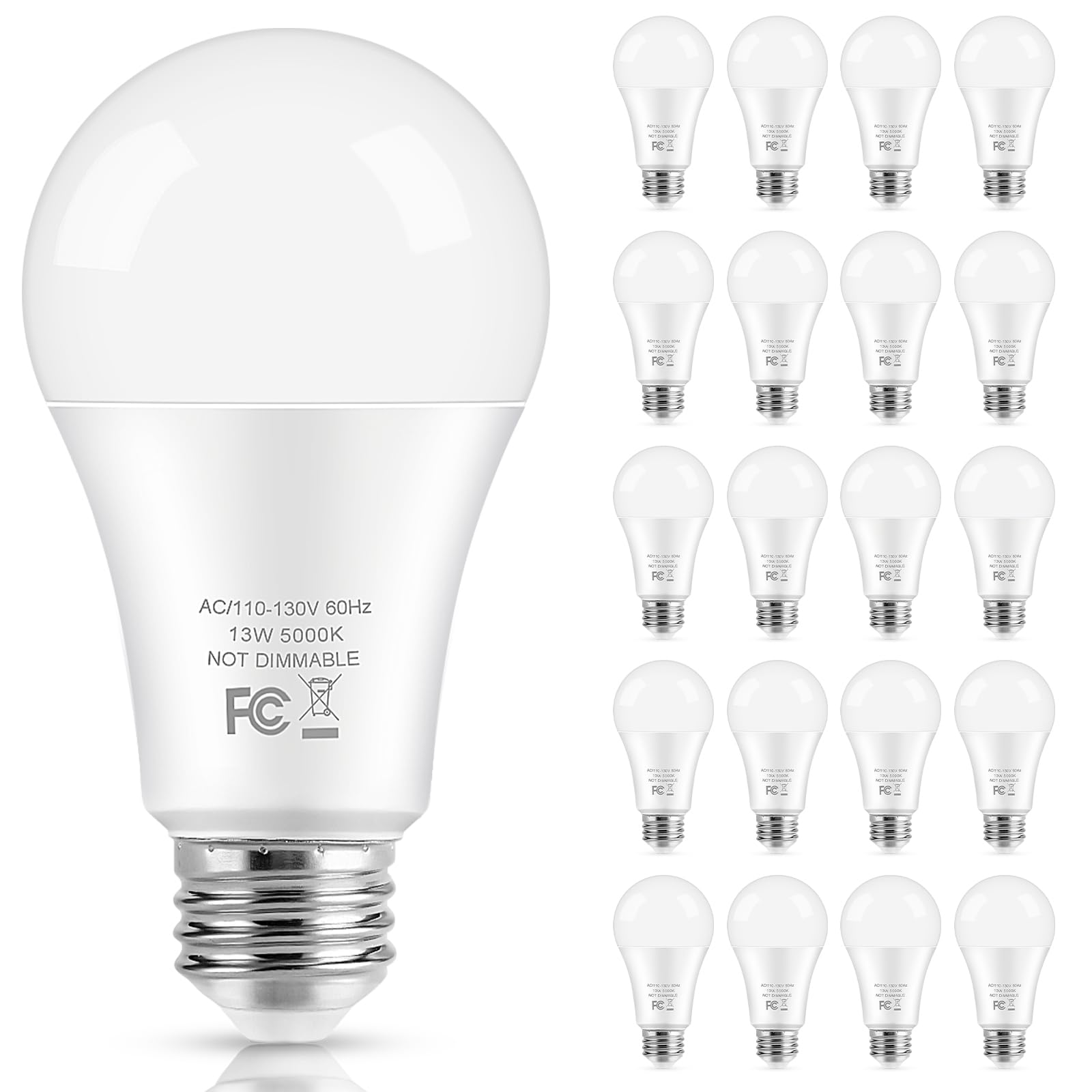 LED Light Bulbs, 100 Watt Equivalent A19 LED Bulbs, 13W 5000K Daylight White 1500 Lumens Non-Dimmable Bright E26 Edison Medium Screw Bulbs for Home Bedroom Living Room Office Outdoor Lamp, 20-Pack