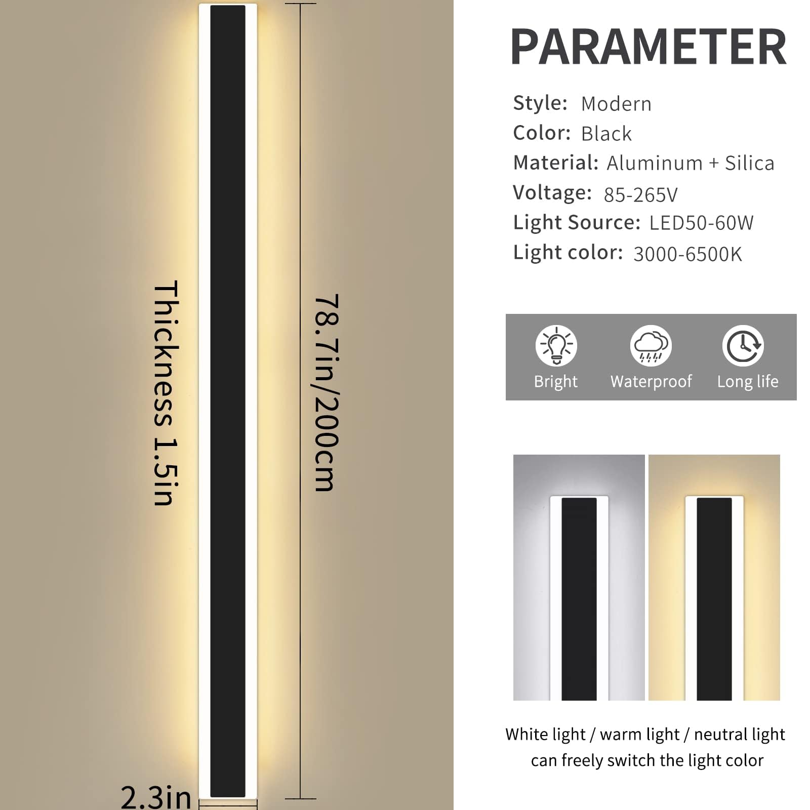 Mikeru Modern Outdoor Wall Light, 3000K-6000K Dimmable Outdoor Wall Sconce 78.8Inch Black Outdoor Exterior Lights With Remote Co