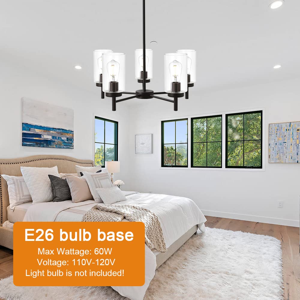 VINLUZ 5-Light Contemporary Chandelier, Oil-Rubbed Bronze, Clear Glass Shades, Model 1810-5-13, Modern Lighting for Dining Room & Kitchen