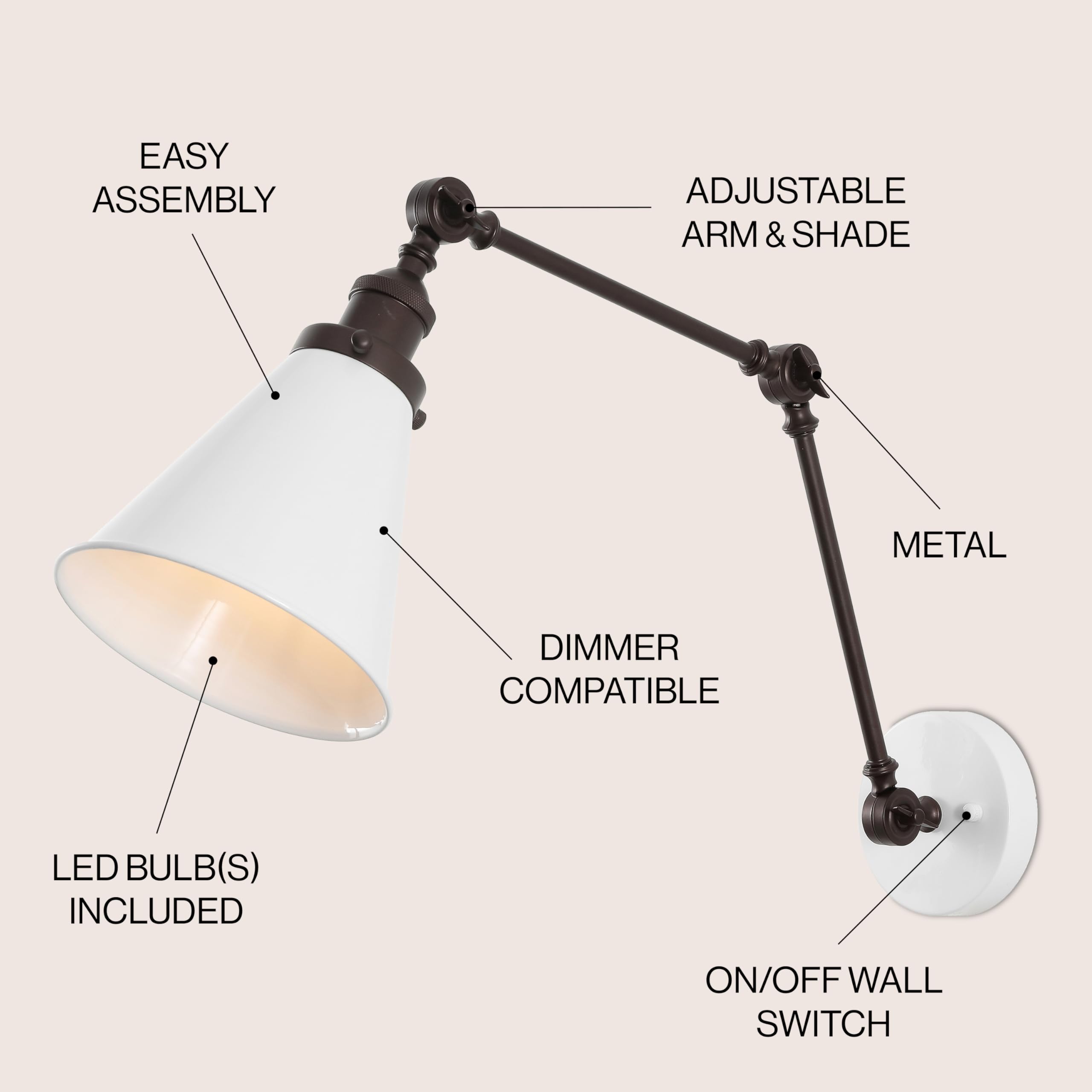Jonathan Y Jyl7462C Rover 7'' Classic Industrial Metal Adjustable Arm Led Wall Sconce, White/Oil Rubbed Bronze For Bedroom, Bath