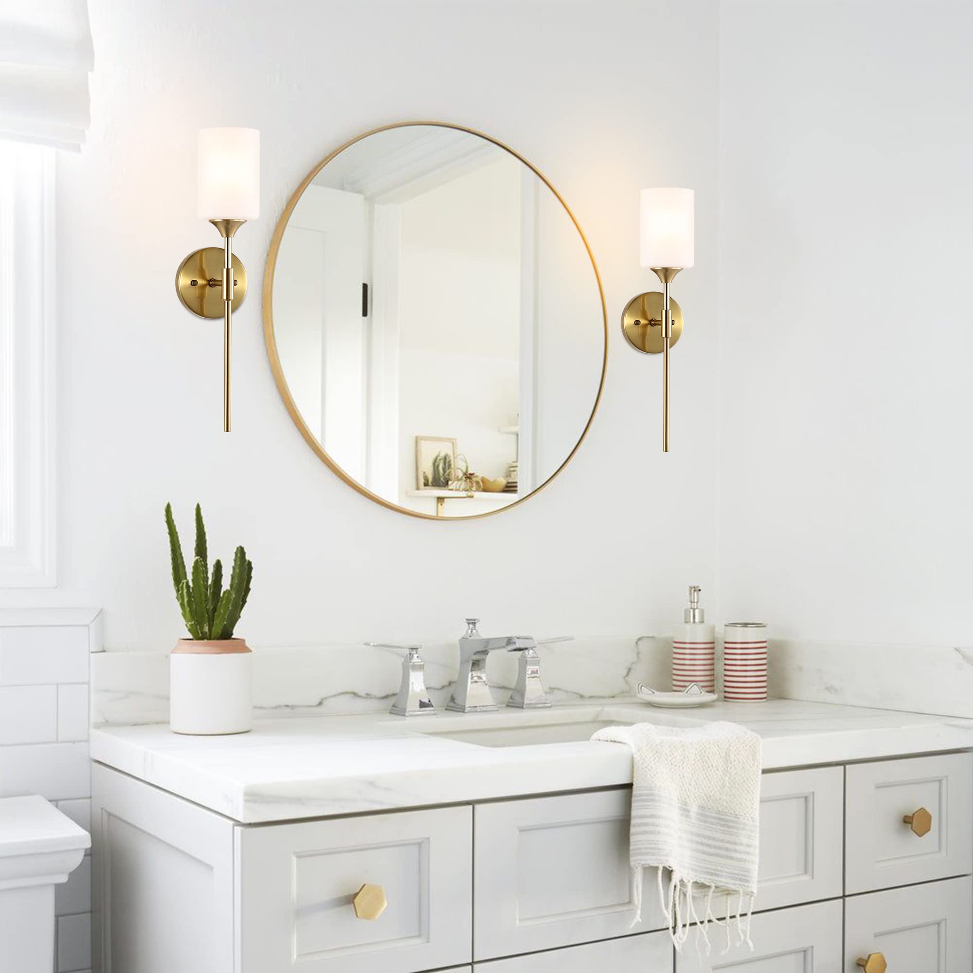 BYOLIIMA Gold Wall Sconce Set of 2 - Modern Metal Bathroom Vanity Light with White Cylinder Glass Shades, Brushed Brass Finish