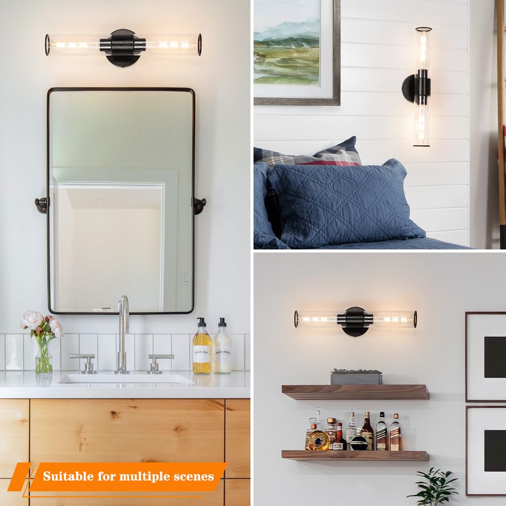 Matte Black Bathroom Sconces Wall Lighting, 2 Light Hardwired Bathroom Vanity Light, Modern Wall Sconce Set Of Two, Wall Mounted
