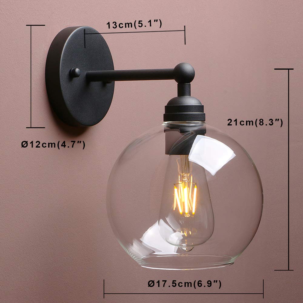 Yosoan Brass Boho Wall Sconce, 1-Light Vintage Industrial Fixture, Glass Metal, Large, Black, Model 13141