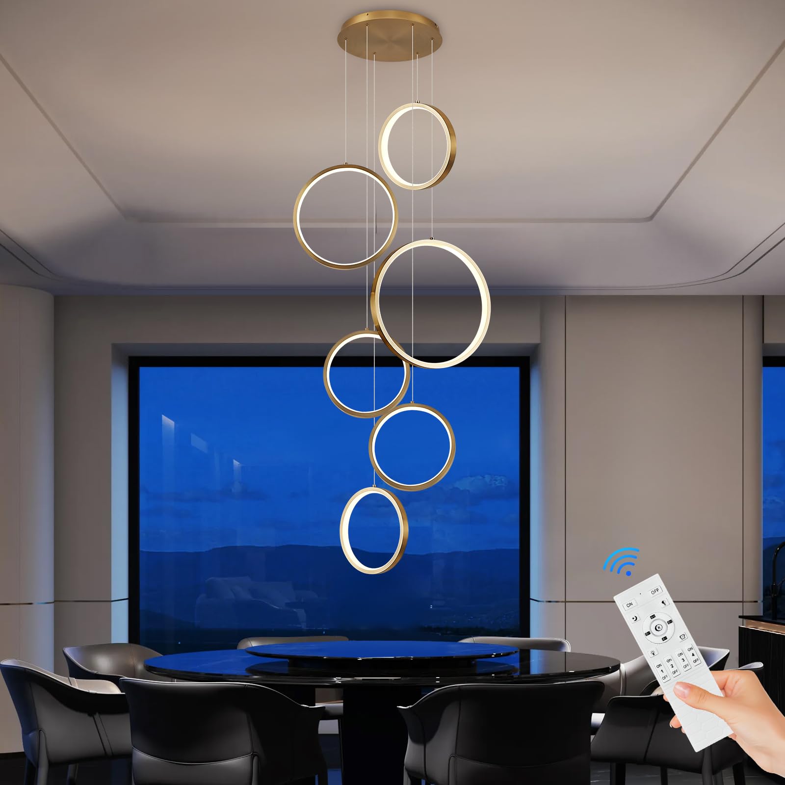 Sparklelf 6 Rings Modern Led Chandelier For High Ceiling Dimmable Gold Contemporary Pendant Light Fixture Long Foyer Chandelier 