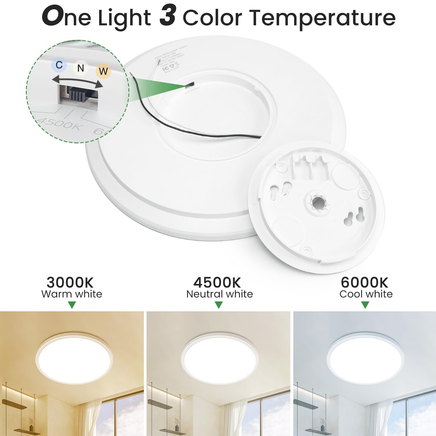 Hepside 12Inch Flush Mount Light Fixture White, 28Watt, Dimmable & 3000K-4500K-6000K 3 Color Selectable Flush Ceiling Light Fixture 3200Lm Low Profile Ceiling Light For Kitchen Bedroom Hallway Porch