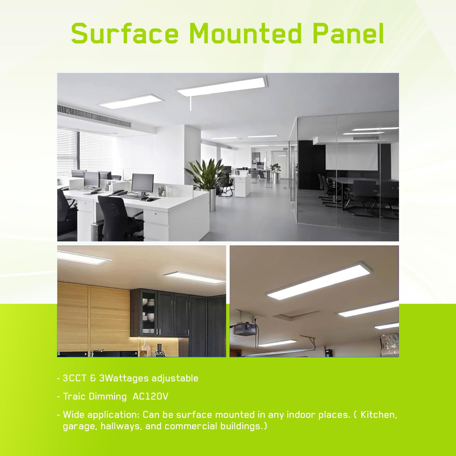 1X4 Led Flat Panel Light Surface Mount Ceiling Light, 3Cct 3000K/4000K/5000K Dimmable, 30W/40W/46W 5060Lm -Lit, Flush Mount Or D