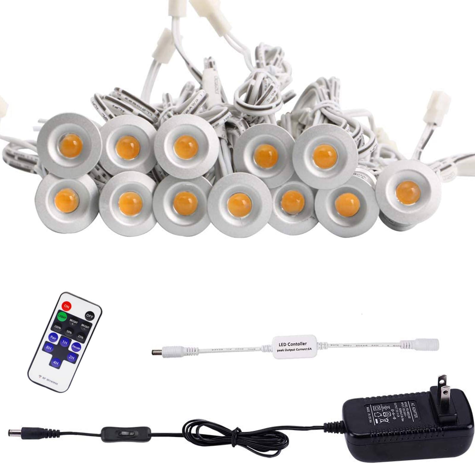 Aiboo Linkable Led Under Cabinet Lighting 12V Recessed Mini Downlights Spotlights Dimmable With Remote Control & Etl Listed Wall Plug For Cupboard Accent Lighting(Warm White,12 Lights)