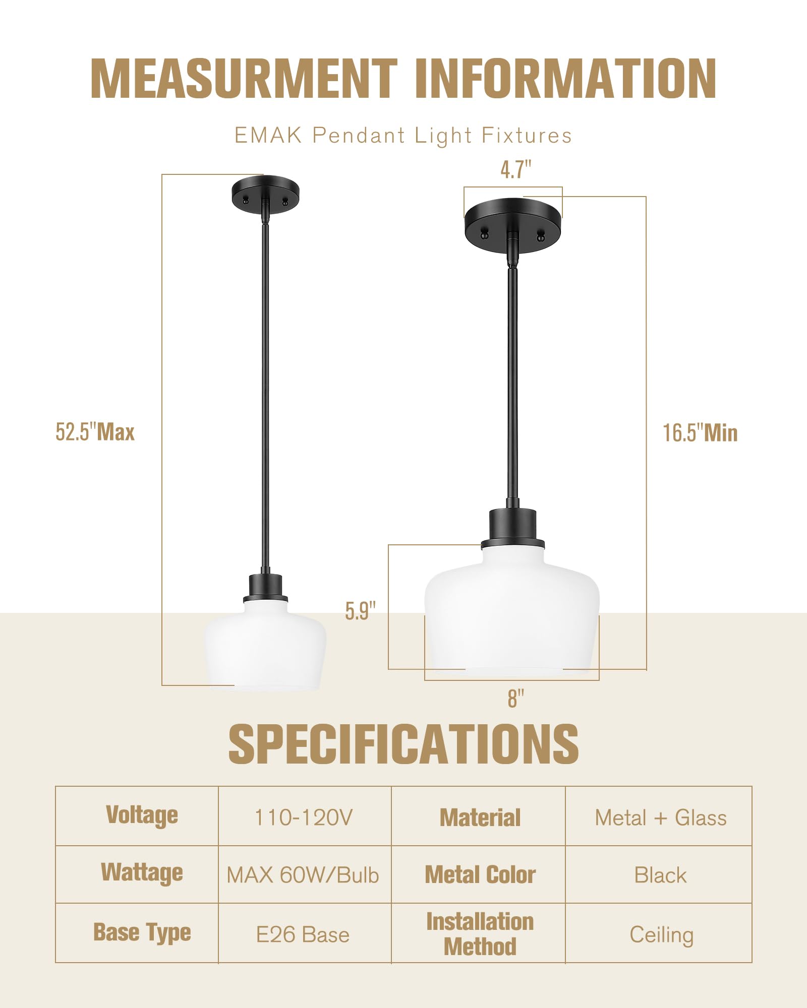 Emak Modern 8 Inch Black Pendant Light, Farmhouse Pendant Lighting With Milk Glass Shade, 1 Light Hanging Light Fixture For Kitc