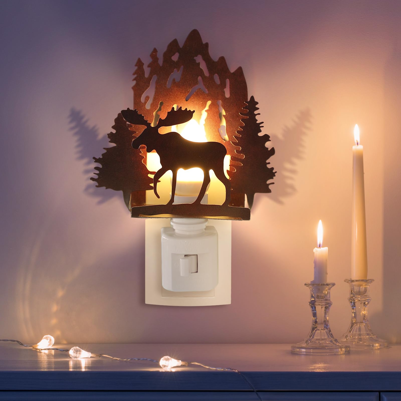 Tuanse Metal LED Night Light - Vintage Forest Moose Design, Red Brown, Model ER-Tuanse-1746, Perfect for Bedroom and Holiday Decor