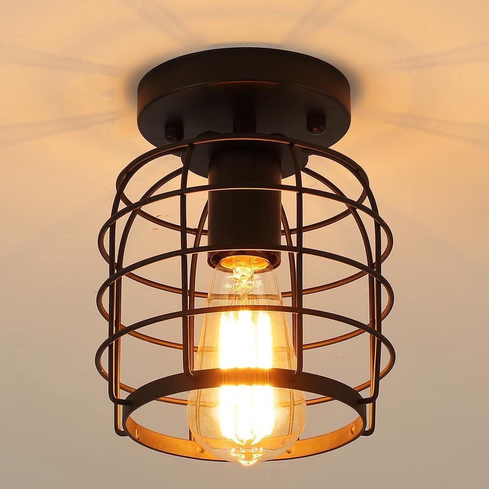Create For Life® Industrial Vintage Flush Mount Ceiling Light,Rustic Metal Cage Semi Flush Mount Ceiling Lamp Fixture For Hallway Stairway Kitchen Garage, E26, Black Finish,2 Pack