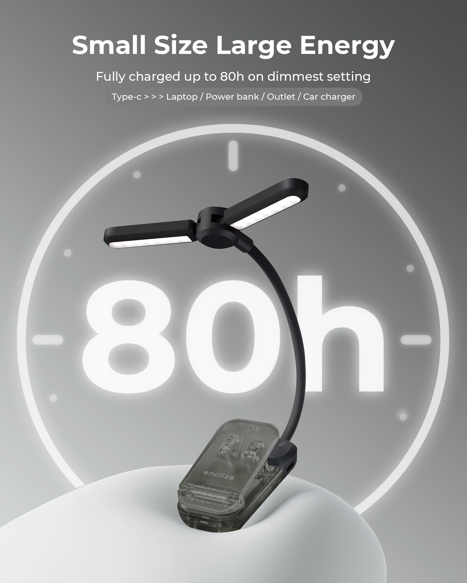 Enclize LED Reading Light, Rechargeable Book Light for Night Reading, 180 Adjustable Lighthead - Stepless 3 Color & Brightness,