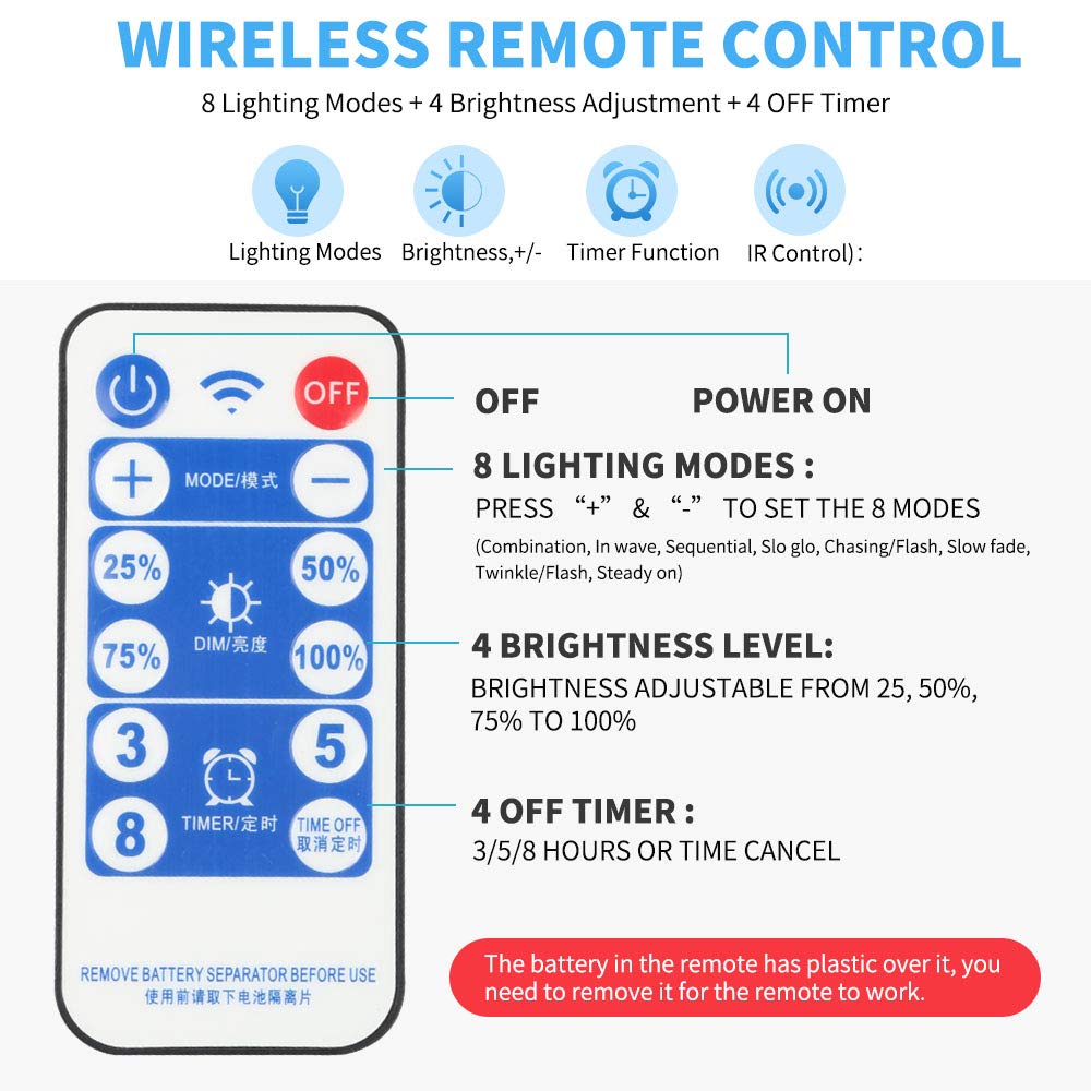 Tcamp 164Ft 500 LED Solar Christmas Lights, Warm White, Waterproof, Remote Timer, 8 Modes, Model QL300AE